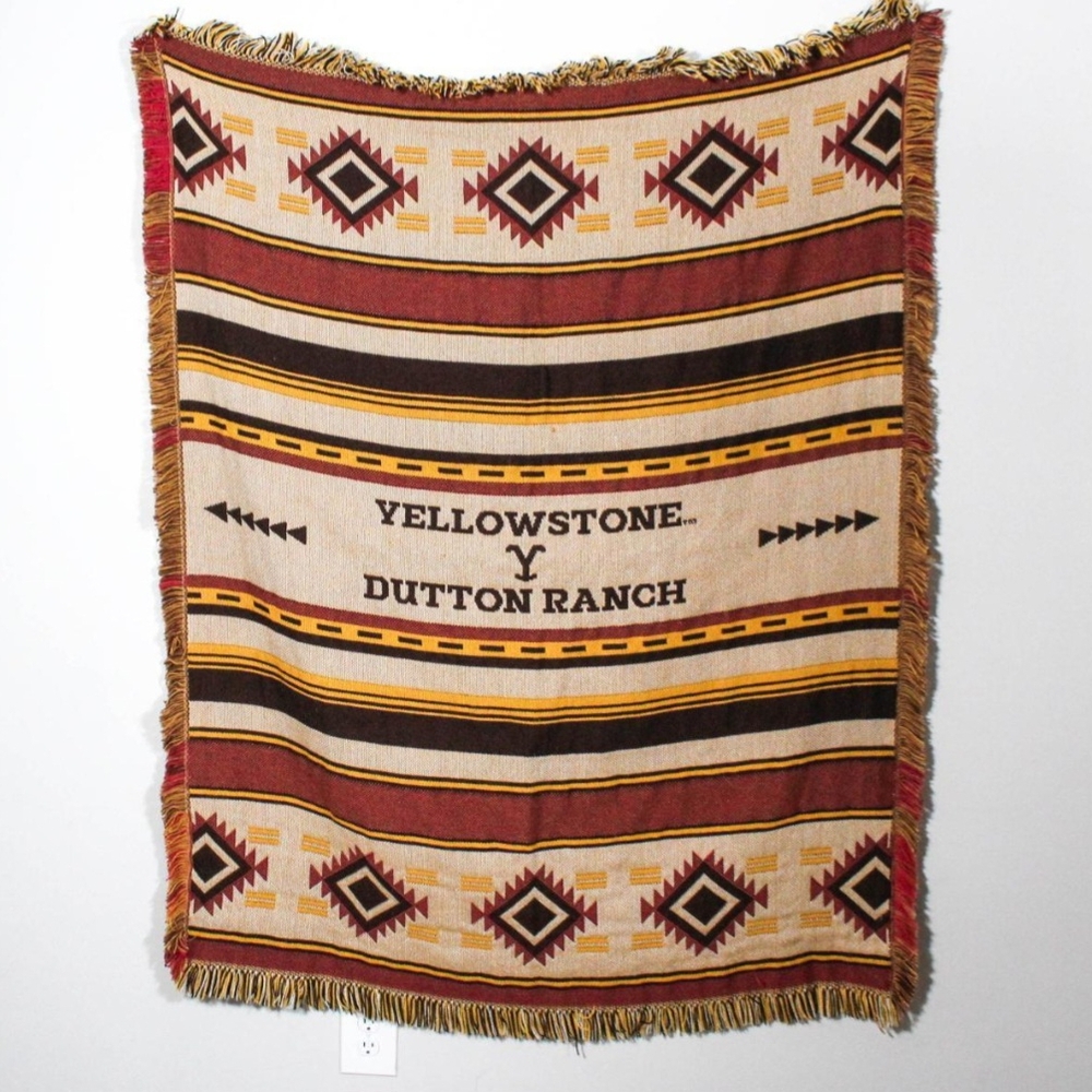 Yellowstone Dutton Ranch Tan and Red Throw Blanket - Picture 3 of 9
